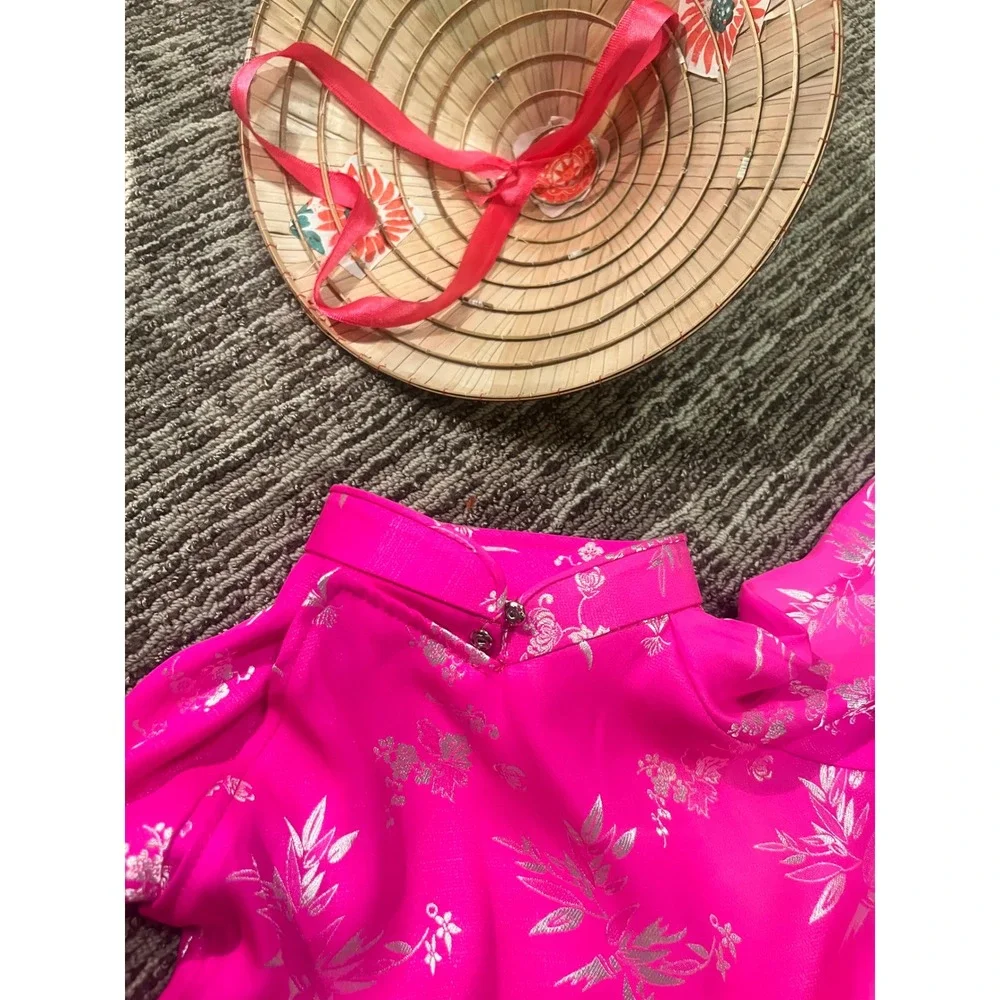 Kids Pink Vietnamese Ao Dai Floral Tunic White Pants and Conical Hat Set Size 2